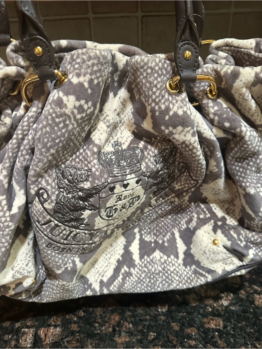 Juicy Couture Gray and Cream Snakeskin-Print Drawstring Shoulder Bag